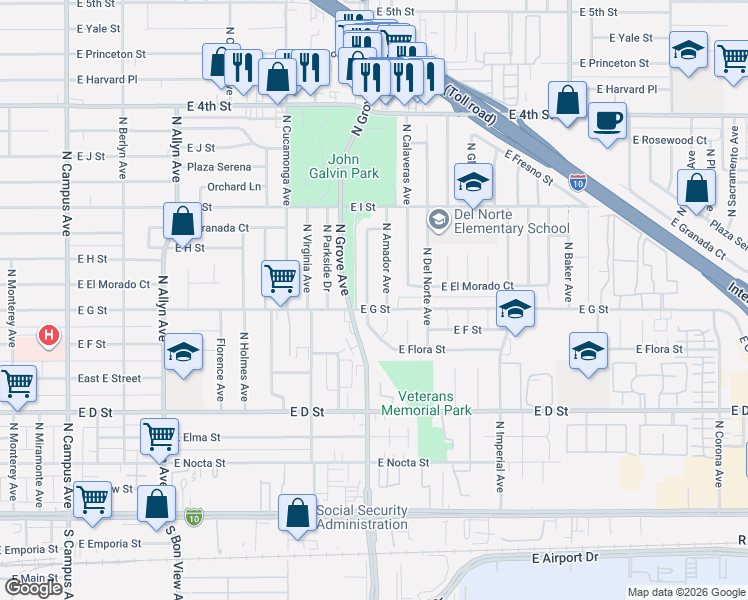 map of restaurants, bars, coffee shops, grocery stores, and more near 708 North Alameda Avenue in Ontario