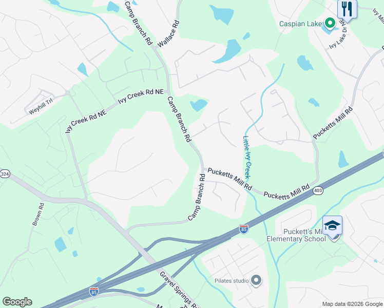 map of restaurants, bars, coffee shops, grocery stores, and more near 2730 Camp Branch Road in Buford