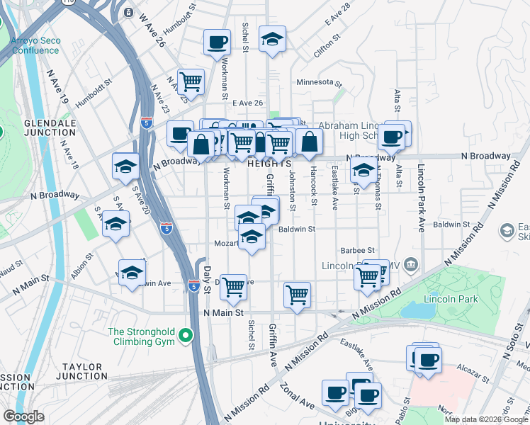 map of restaurants, bars, coffee shops, grocery stores, and more near 2229 Griffin Avenue in Los Angeles
