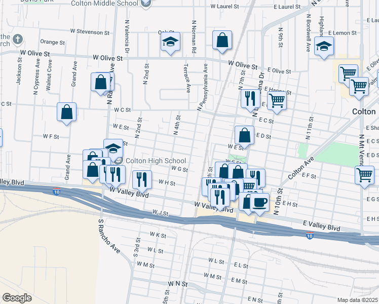 map of restaurants, bars, coffee shops, grocery stores, and more near 507 North Pennsylvania Avenue in Colton