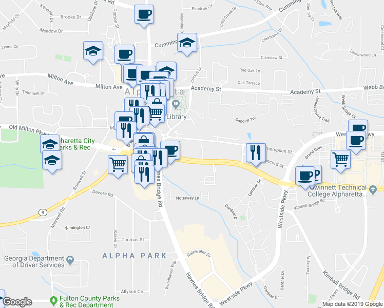 map of restaurants, bars, coffee shops, grocery stores, and more near 2300 Old Milton Parkway in Alpharetta