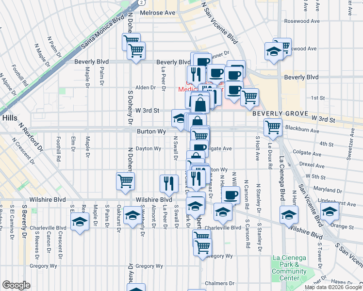 map of restaurants, bars, coffee shops, grocery stores, and more near in Beverly Hills