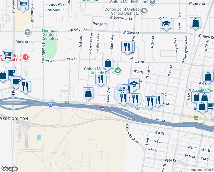 map of restaurants, bars, coffee shops, grocery stores, and more near 411 Grand Avenue in Colton