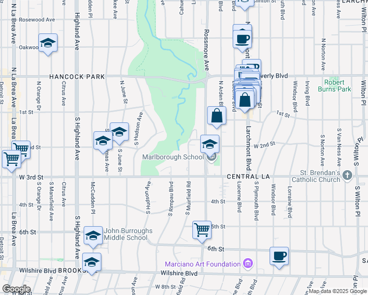 map of restaurants, bars, coffee shops, grocery stores, and more near 211 South Muirfield Road in Los Angeles