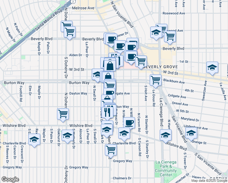 map of restaurants, bars, coffee shops, grocery stores, and more near 435 Arnaz Drive in Los Angeles