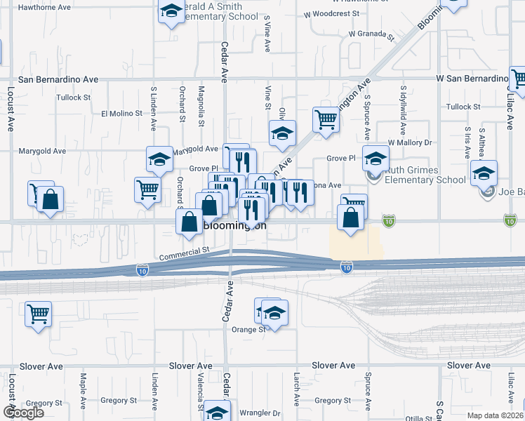 map of restaurants, bars, coffee shops, grocery stores, and more near 18790 Valley Boulevard in Bloomington