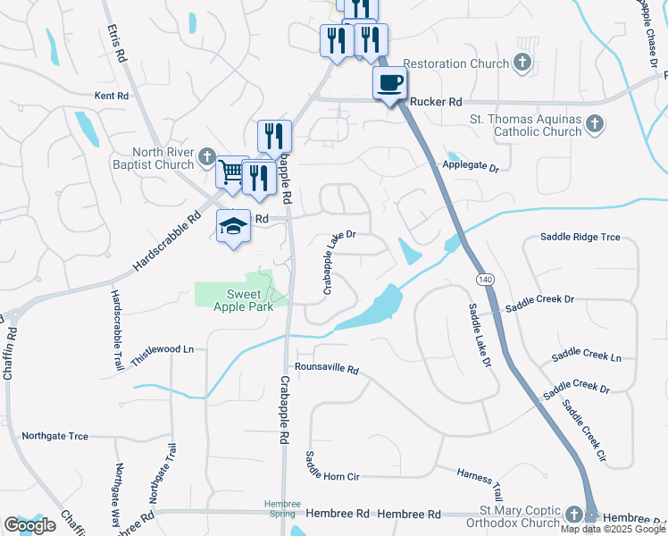 map of restaurants, bars, coffee shops, grocery stores, and more near 1335 Crabapple Lake Circle in Roswell