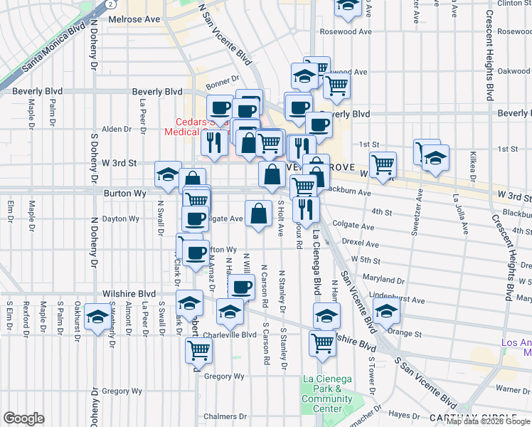 map of restaurants, bars, coffee shops, grocery stores, and more near 8603 Colgate Avenue in Los Angeles