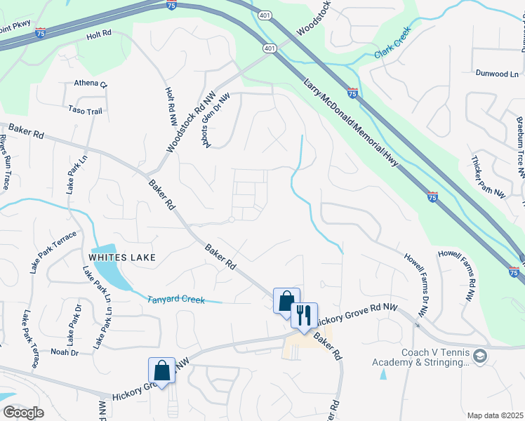 map of restaurants, bars, coffee shops, grocery stores, and more near 2820 Baker Drive in Acworth