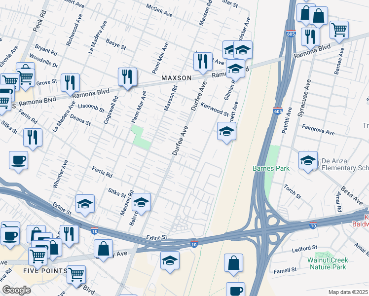 map of restaurants, bars, coffee shops, grocery stores, and more near 3840 Durfee Avenue in El Monte