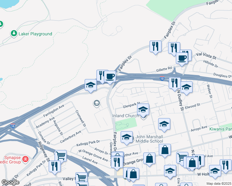 map of restaurants, bars, coffee shops, grocery stores, and more near 1860 Home Terrace in Pomona