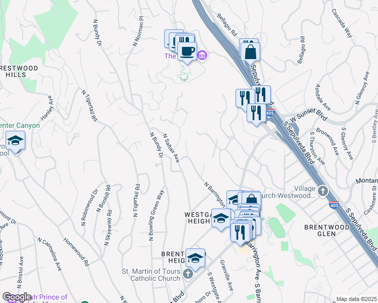 map of restaurants, bars, coffee shops, grocery stores, and more near 465 Halvern Drive in Los Angeles