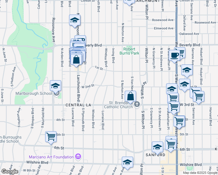 map of restaurants, bars, coffee shops, grocery stores, and more near 200 Lorraine Boulevard in Los Angeles