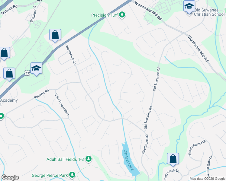 map of restaurants, bars, coffee shops, grocery stores, and more near 4543 Austin Hills Drive in Suwanee