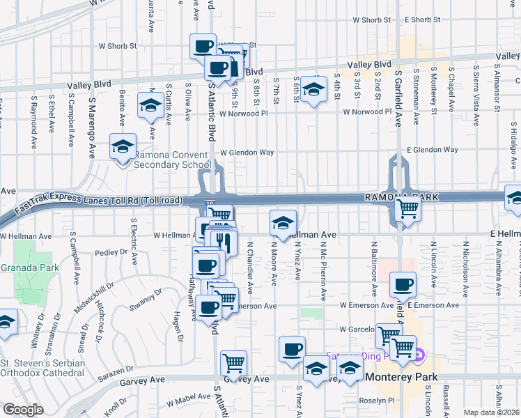 map of restaurants, bars, coffee shops, grocery stores, and more near 708 West Ramona Road in Alhambra
