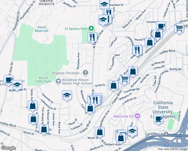 map of restaurants, bars, coffee shops, grocery stores, and more near 2250 North Eastern Avenue in Los Angeles