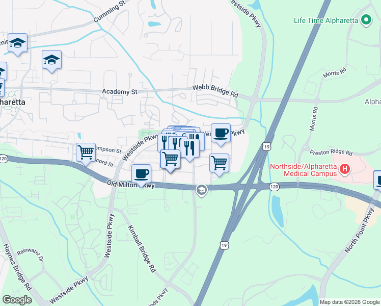 map of restaurants, bars, coffee shops, grocery stores, and more near 3170 Avalon Boulevard in Alpharetta