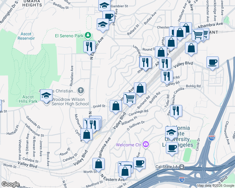 map of restaurants, bars, coffee shops, grocery stores, and more near 5017 Ithaca Avenue in Los Angeles