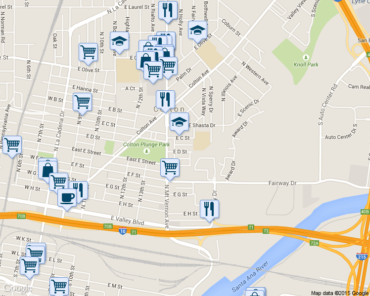 map of restaurants, bars, coffee shops, grocery stores, and more near 837 East D Street in Colton
