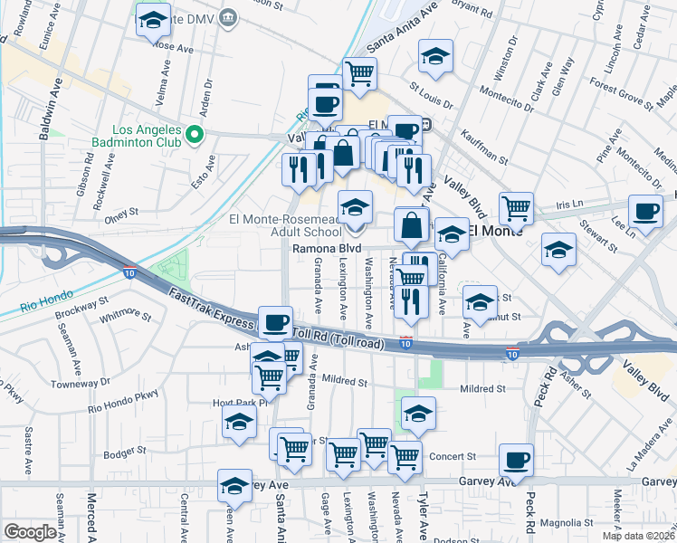 map of restaurants, bars, coffee shops, grocery stores, and more near 3425 Lexington Avenue in El Monte