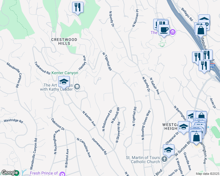 map of restaurants, bars, coffee shops, grocery stores, and more near 721 North Bonhill Road in Los Angeles