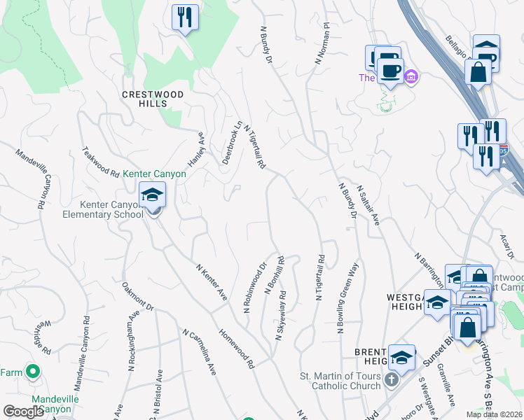 map of restaurants, bars, coffee shops, grocery stores, and more near 720 North Bonhill Road in Los Angeles