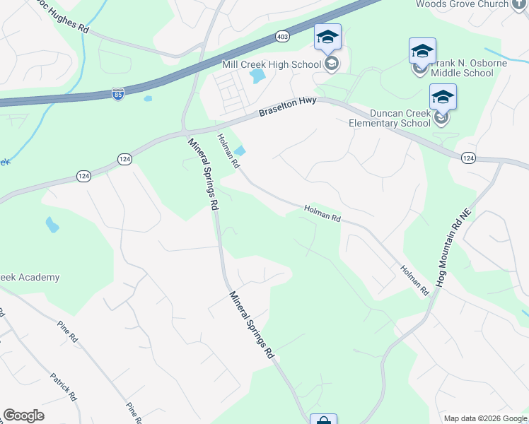 map of restaurants, bars, coffee shops, grocery stores, and more near 1880 Holman Road in Hoschton