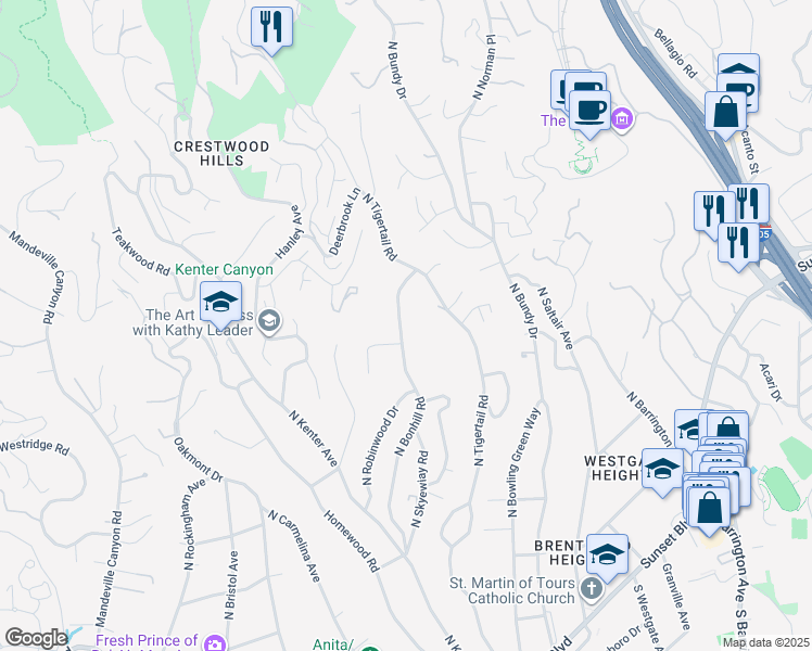 map of restaurants, bars, coffee shops, grocery stores, and more near 720 North Bonhill Road in Los Angeles