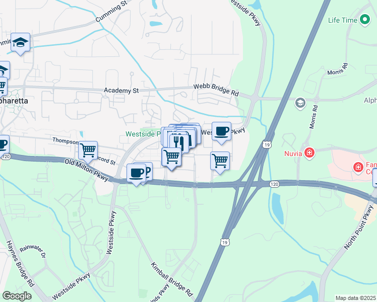 map of restaurants, bars, coffee shops, grocery stores, and more near 3155 Avalon Boulevard in Alpharetta