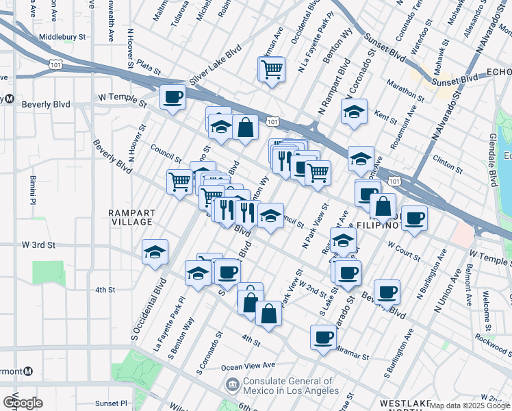 map of restaurants, bars, coffee shops, grocery stores, and more near 152 Benton Way in Los Angeles