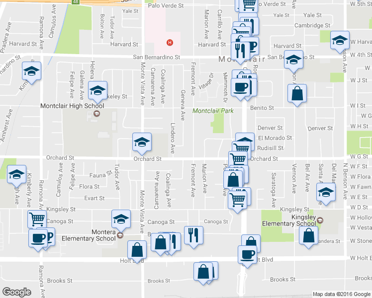 map of restaurants, bars, coffee shops, grocery stores, and more near 10057 Geneva Ave in Montclair