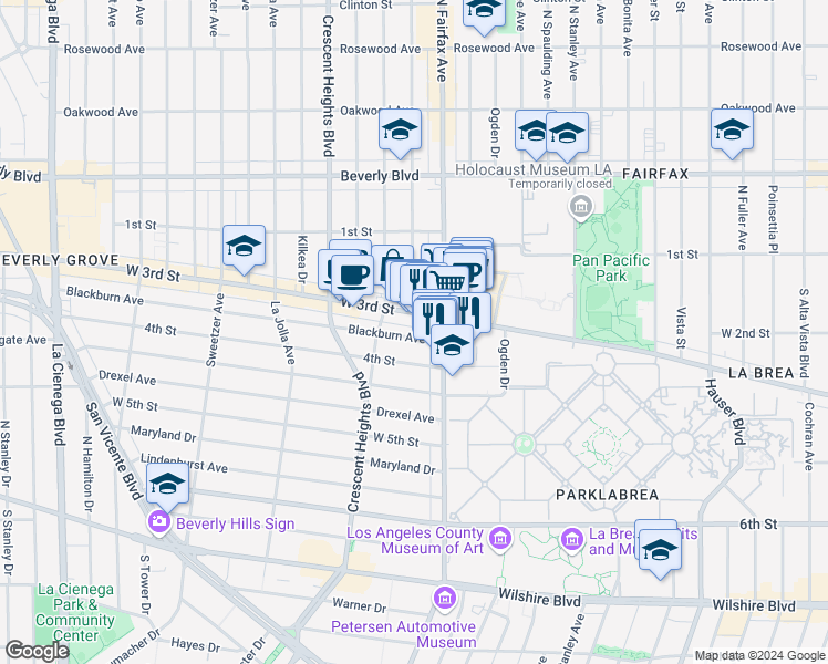 map of restaurants, bars, coffee shops, grocery stores, and more near 7929 Blackburn Avenue in Los Angeles