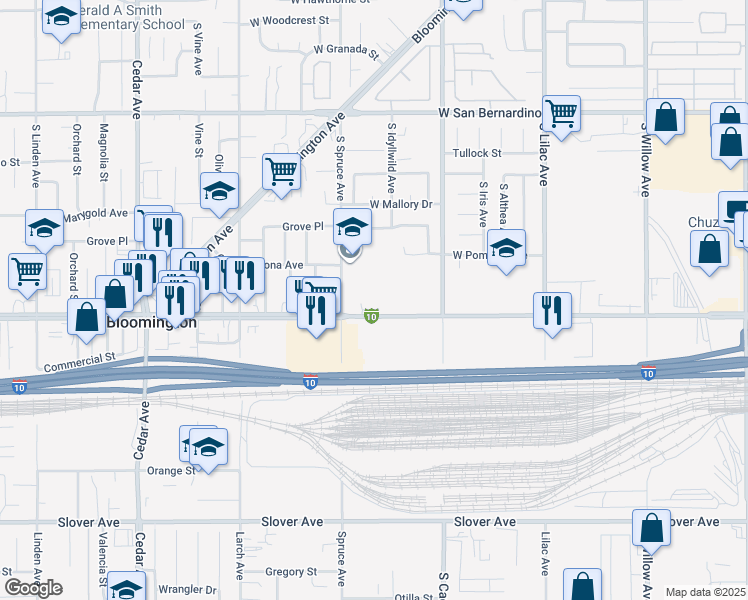 map of restaurants, bars, coffee shops, grocery stores, and more near 838 West Valley Boulevard in Bloomington