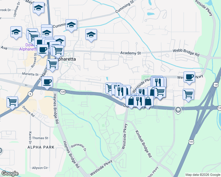 map of restaurants, bars, coffee shops, grocery stores, and more near 360 Concord Street in Alpharetta