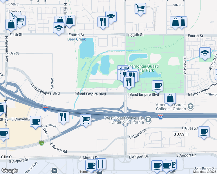 map of restaurants, bars, coffee shops, grocery stores, and more near 2615 E Date Palm Paseo in Ontario