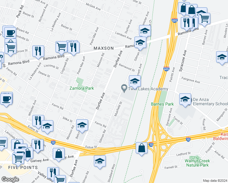 map of restaurants, bars, coffee shops, grocery stores, and more near 3855 Gilman Road in El Monte