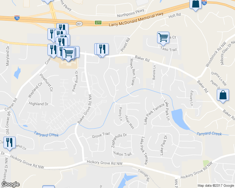 map of restaurants, bars, coffee shops, grocery stores, and more near 4804 Baker Plantation Drive in Acworth