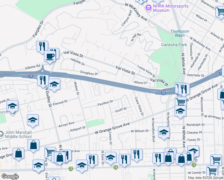 map of restaurants, bars, coffee shops, grocery stores, and more near 1385 Estel Drive in Pomona