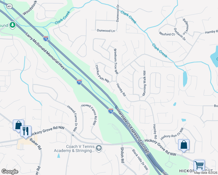 map of restaurants, bars, coffee shops, grocery stores, and more near 4825 Thicket Path Northwest in Acworth