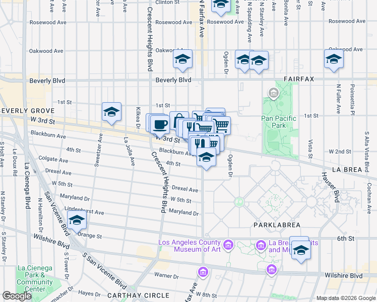map of restaurants, bars, coffee shops, grocery stores, and more near 7929 Blackburn Avenue in Los Angeles