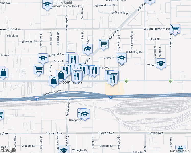 map of restaurants, bars, coffee shops, grocery stores, and more near 10063 Larch Avenue in Bloomington