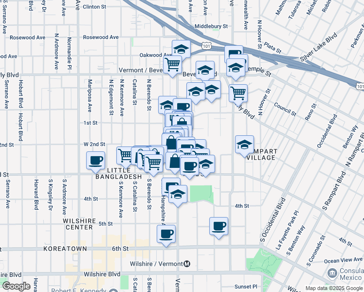 map of restaurants, bars, coffee shops, grocery stores, and more near 140 South Vermont Avenue in Los Angeles