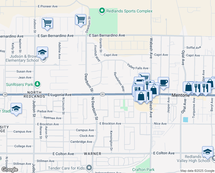map of restaurants, bars, coffee shops, grocery stores, and more near 1620 Sundown Court in Redlands