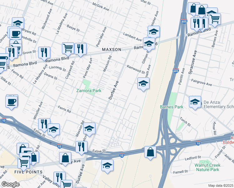 map of restaurants, bars, coffee shops, grocery stores, and more near 3840 Durfee Avenue in El Monte