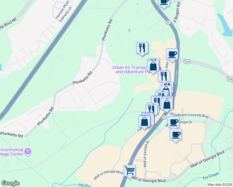 map of restaurants, bars, coffee shops, grocery stores, and more near 1577 Casper Hill Drive in Buford