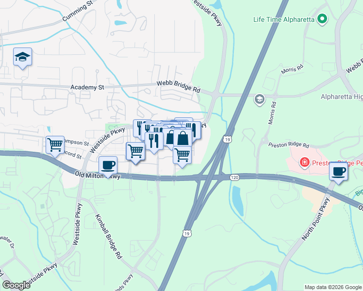 map of restaurants, bars, coffee shops, grocery stores, and more near 7115 Avalon Boulevard in Alpharetta