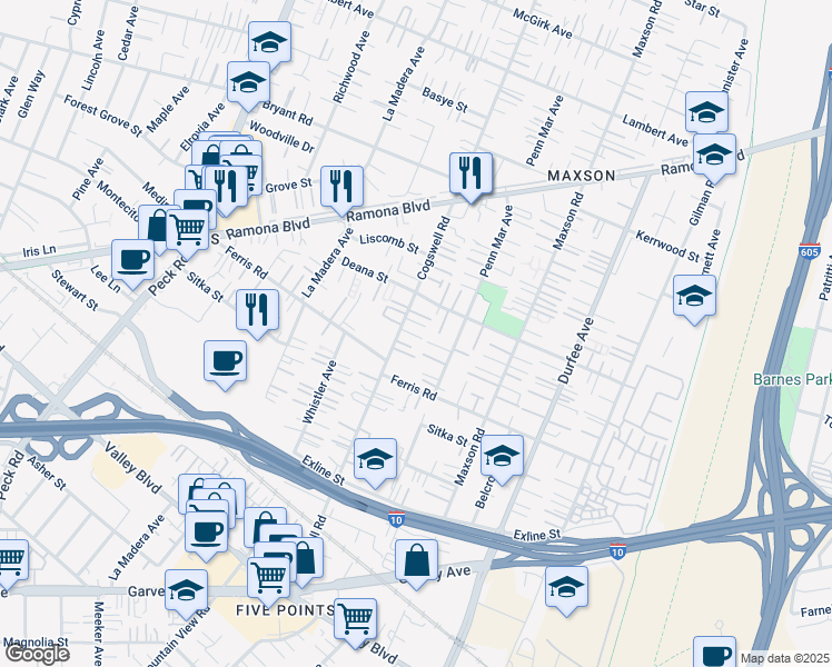 map of restaurants, bars, coffee shops, grocery stores, and more near 3714 Cogswell Road in El Monte