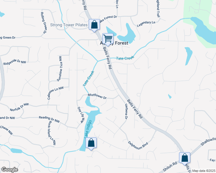 map of restaurants, bars, coffee shops, grocery stores, and more near 708 Larkspur Boulevard in Acworth