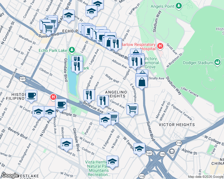 map of restaurants, bars, coffee shops, grocery stores, and more near 1421 Kellam Avenue in Los Angeles