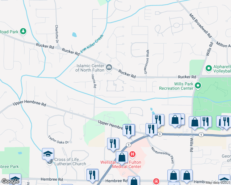 map of restaurants, bars, coffee shops, grocery stores, and more near 253 Dennis Drive in Alpharetta